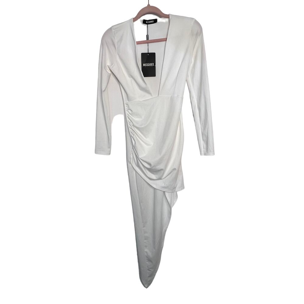 NWT Missguided Long Sleeve Asymmetrical Low Cut‎ V Neck Bodycon White Dress 2
